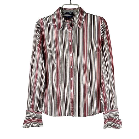 Faconnable women's striped button up shirt in pinks/tan, size M, EUC - Picture 1 of 10
